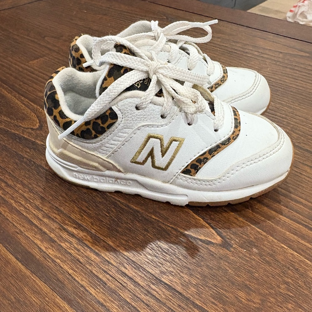 New Balance Kids White Sneakers with Gold and Leopard Accents